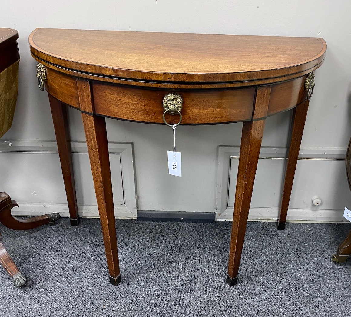 A George III and later banded mahogany demi lune folding card table, width 91cm, depth 45cm, height 76cm